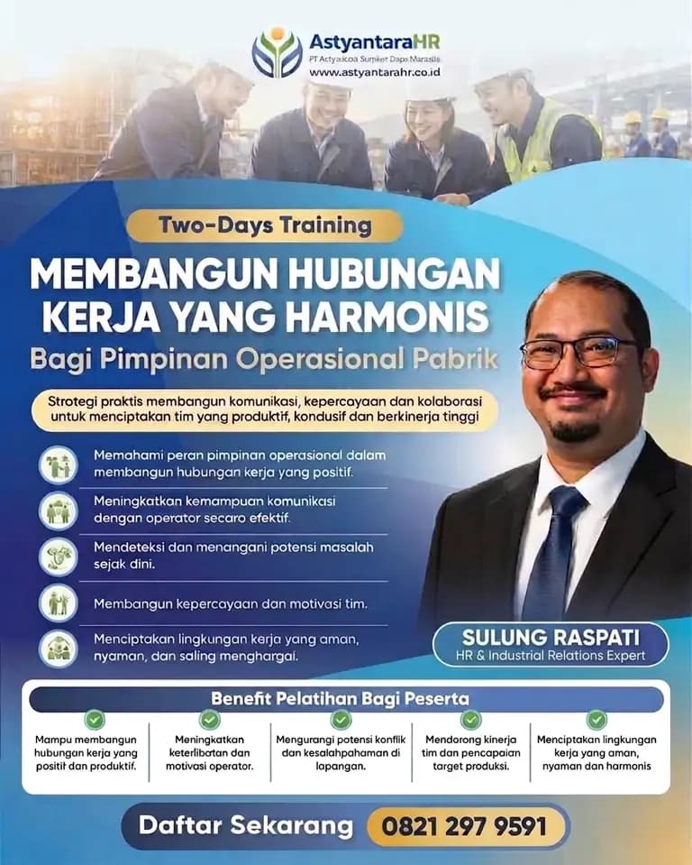 Flyer training Membangun Hubungan Kerja yang Harmonis bagi Pimpinan Operasional Pabrik